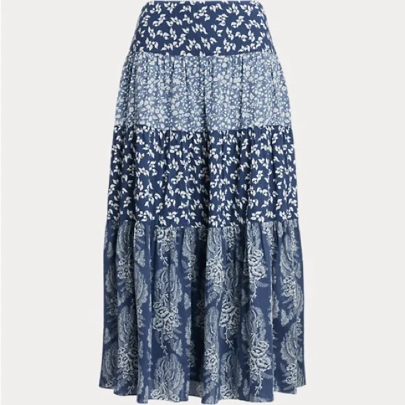 Lauren Ralph Lauren Size 12 Boho | Patchwork Floral Voile Tiered Skirt NWT $195 - Picture 3 of 9